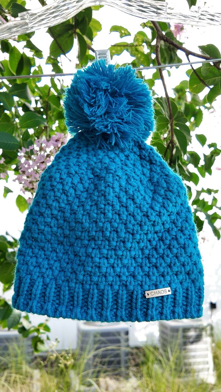 Chaos Blue Knit Pom Pom Beanie Winter Hat One Size